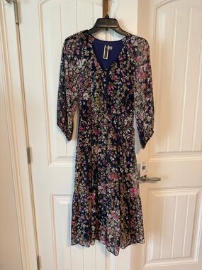 Julian Taylor Navy Floral Midi Dress with Pink and Green Accents